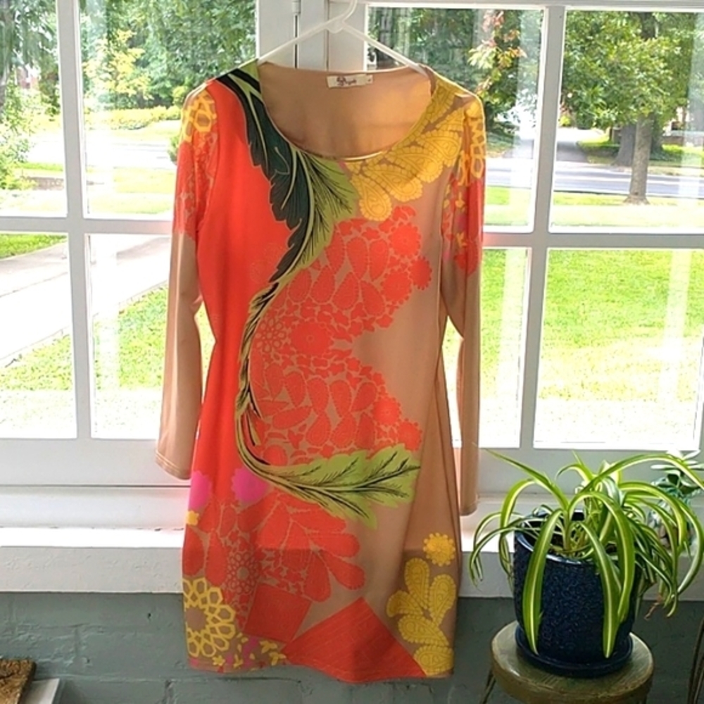 Anthropologie Aryeh Bright Colorful 3/4 sleeve print shift dress size large